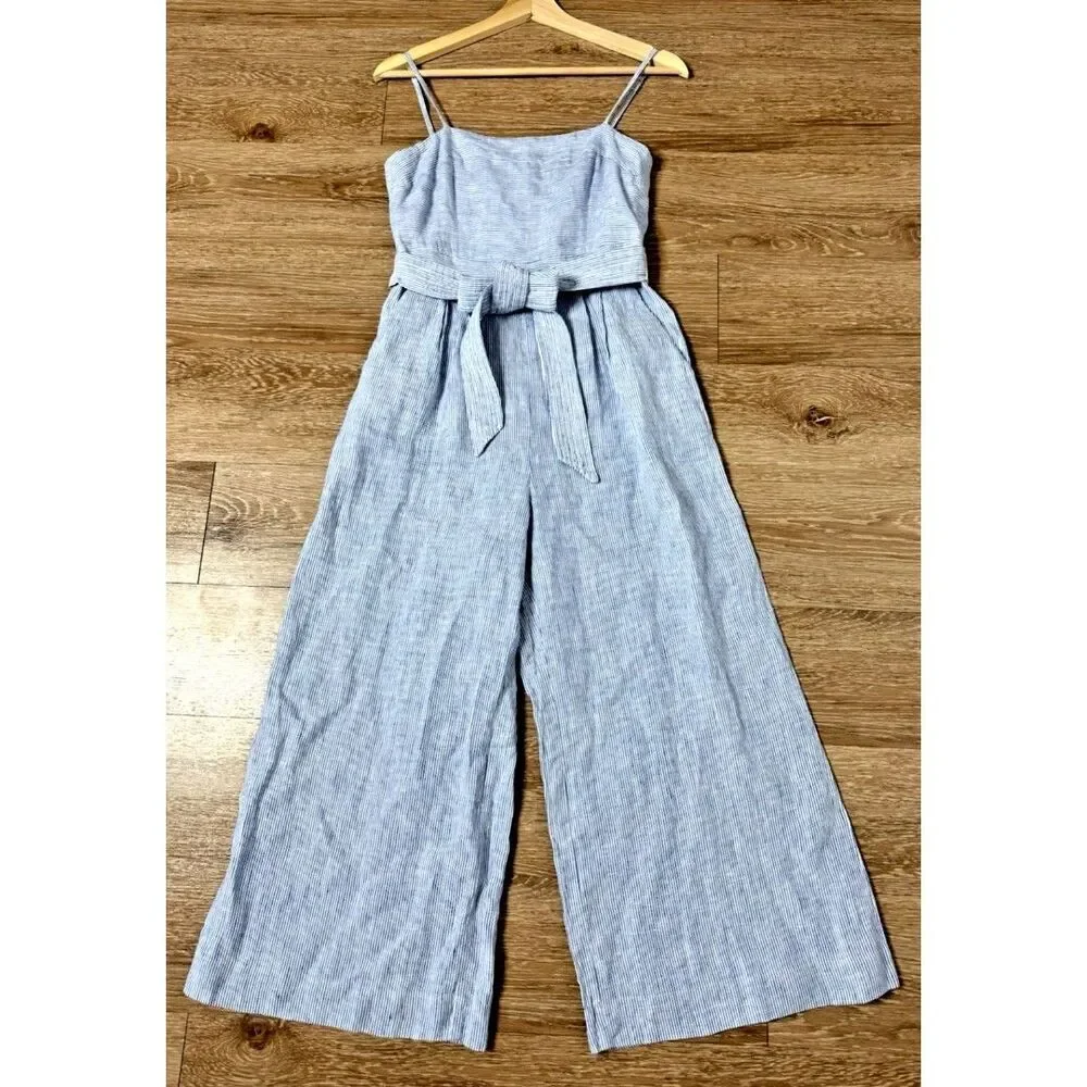 J. Crew Women’s Blue White Striped Linen Wide Leg Jumpsuit Preppy Size 0